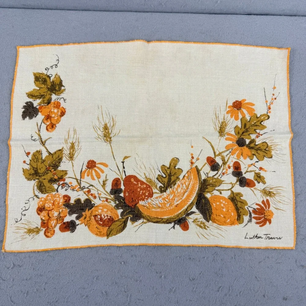 7pc Vtg Signed Luther Travis Fall Harvest Linen Set 4 Placemats‎ 3 Napkins Wheat